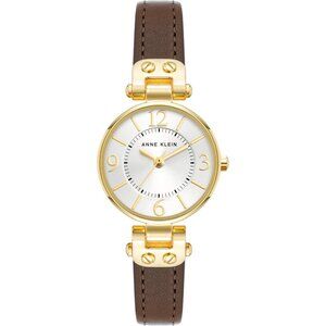 Women's Gold/Brown Domed Mineral Crystal Lens Leather Strap Buckle Closure Watch